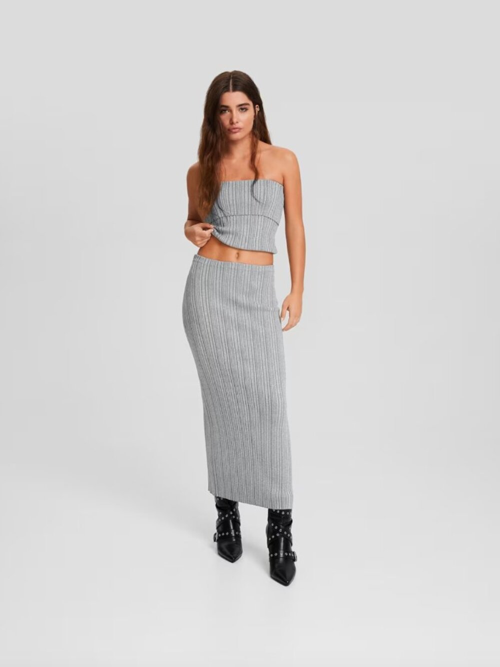 Bershka Silver Sparkly Ribbed Tube Top & Maxi Skirt Set Size L NWT